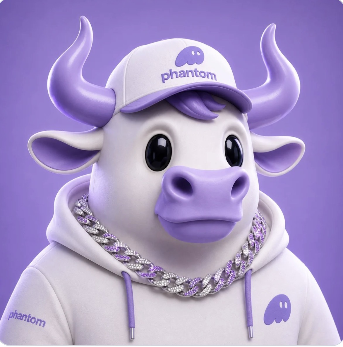 The Phantom Bull: a lavender 3D bull mascot wearing a white Phantom cap, hoodie and diamond chain